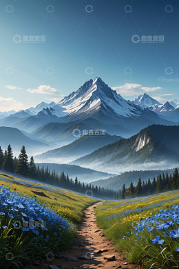 山间小径与花海雪山风景