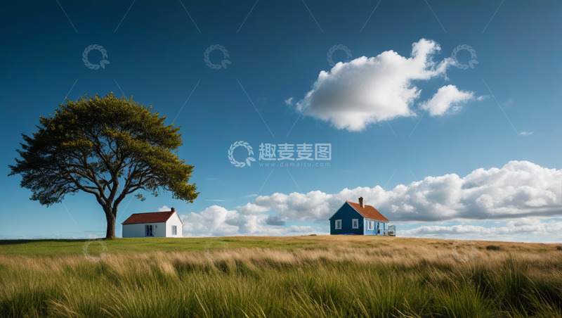 高清大图下载【趣麦麦图】草原上的小屋与大树风景