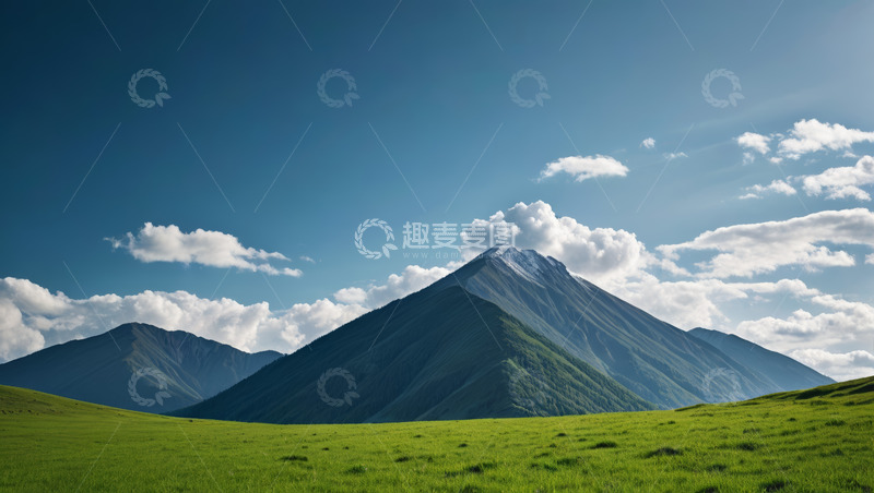 高清大图下载【趣麦麦图】蓝天白云下的绿色草原与山脉
