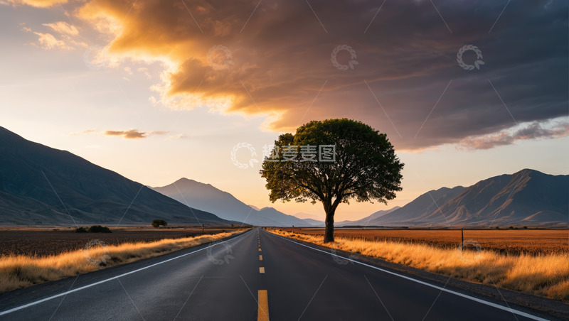 高清大图下载【趣麦麦图】公路旁独树与远山黄昏景象