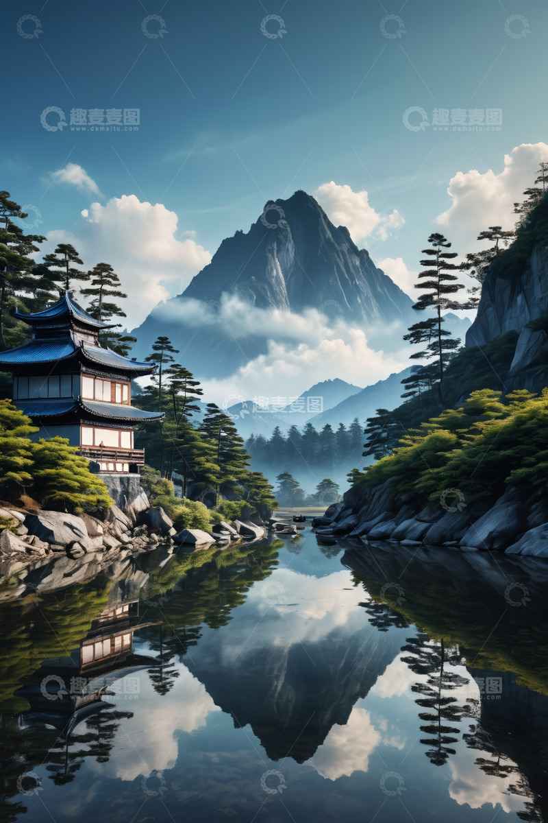 高清大图下载【趣麦麦图】山水间的中式建筑风景