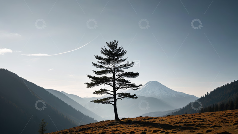 高清大图下载【趣麦麦图】山间孤树与远处雪山风景