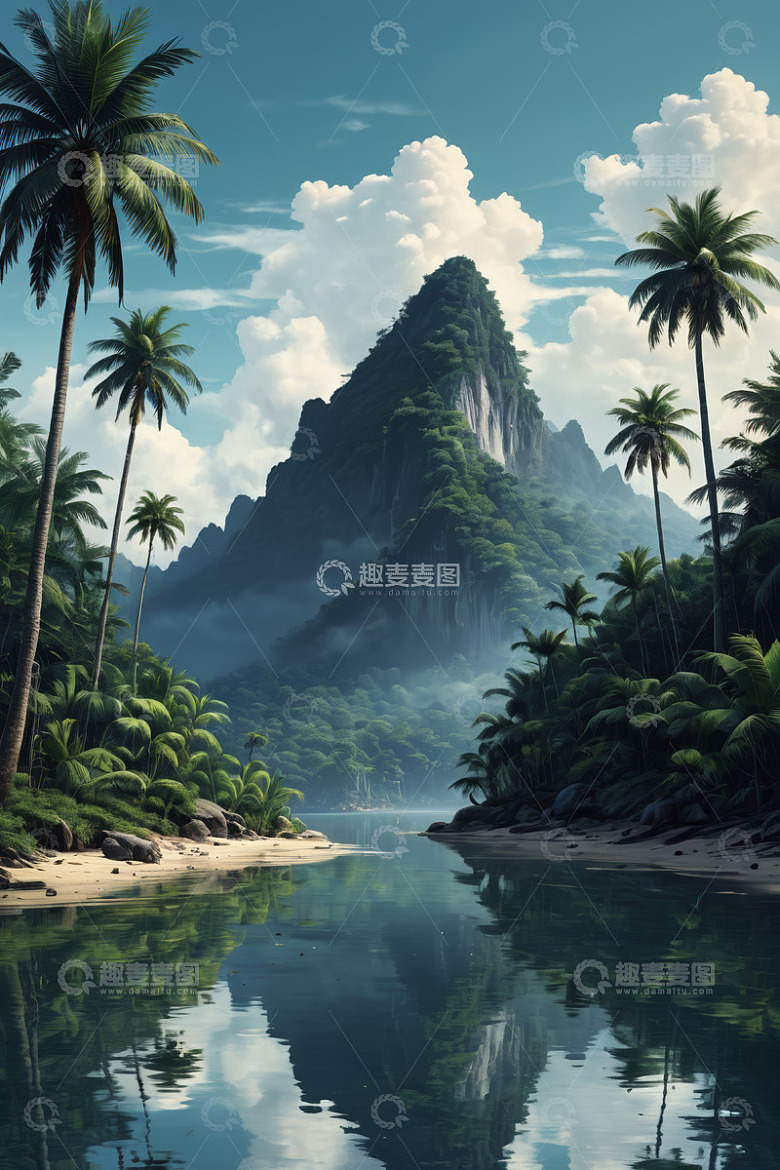 热带山水风光与棕榈树景观