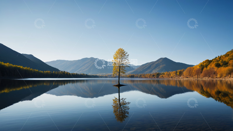 高清大图下载【趣麦麦图】湖畔孤树与远山倒影风景