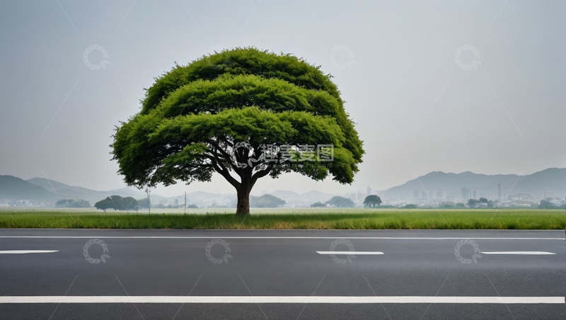 高清大图下载【趣麦麦图】公路旁的独棵绿树风景