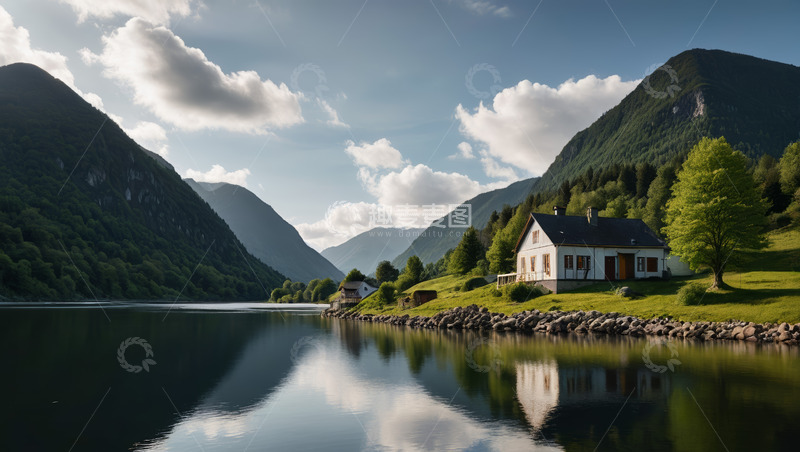 高清大图下载【趣麦麦图】湖畔山间小屋自然风光