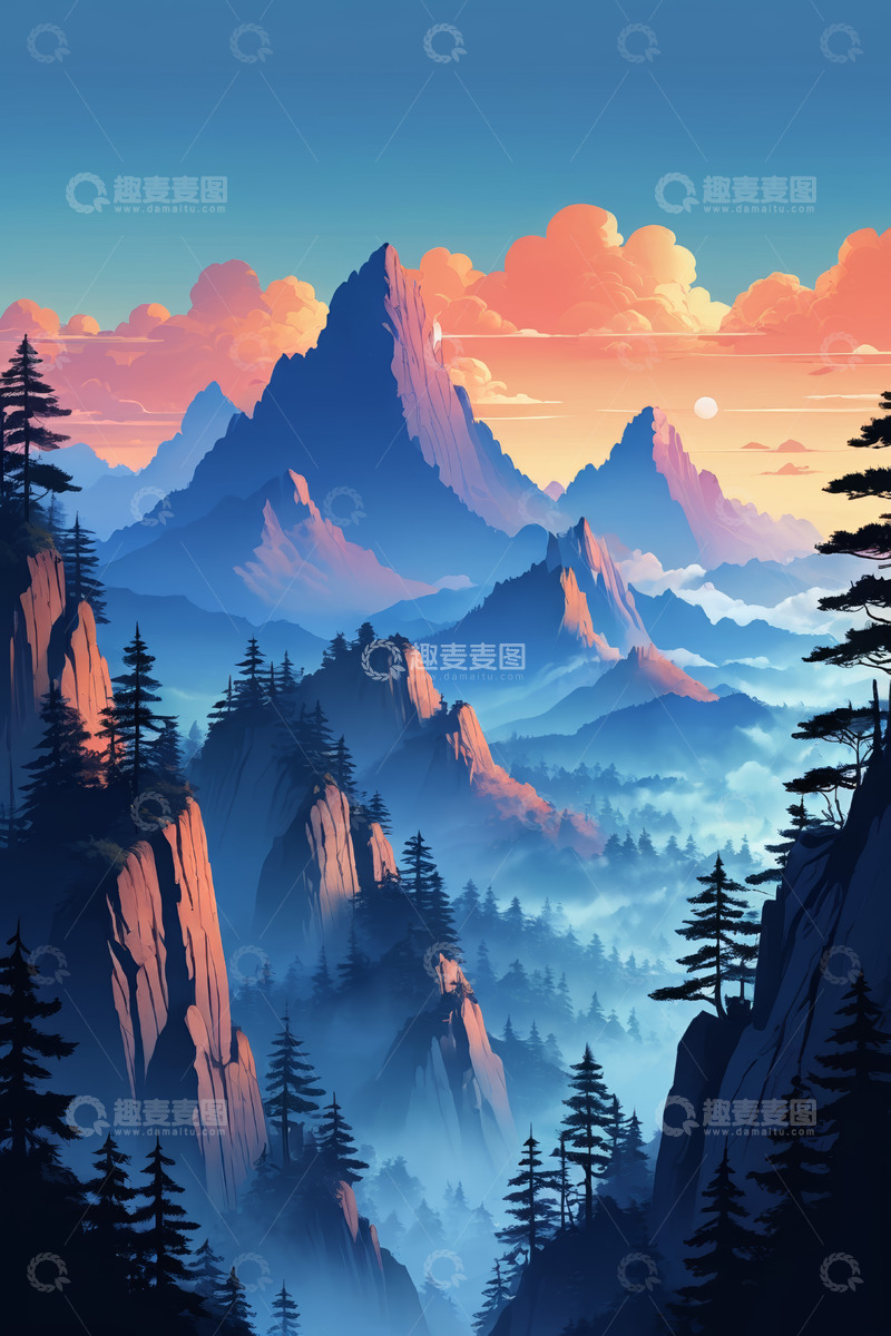 高清大图下载【趣麦麦图】夕阳下的山景与森林