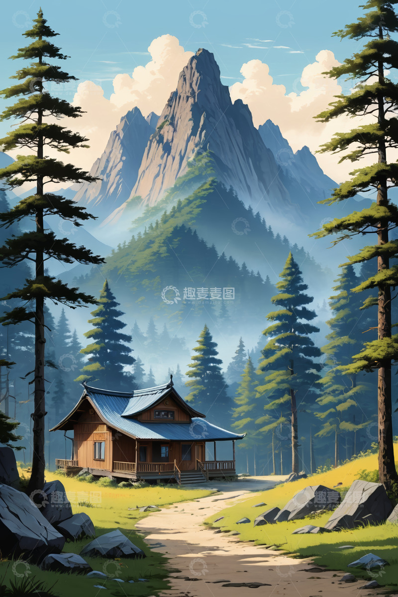 高清大图下载【趣麦麦图】山林间的木屋风景