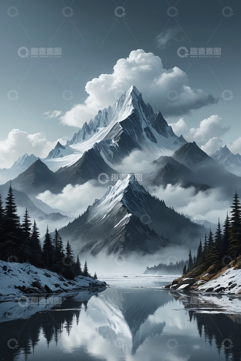 高清大图下载【趣麦麦图】雪山湖泊自然风光全景