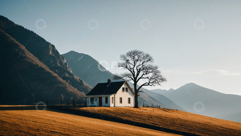 高清大图下载【趣麦麦图】山间小屋与孤树风景