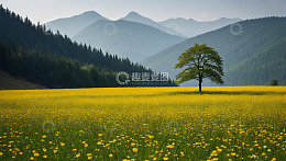 黄花草地单棵绿树山间风景