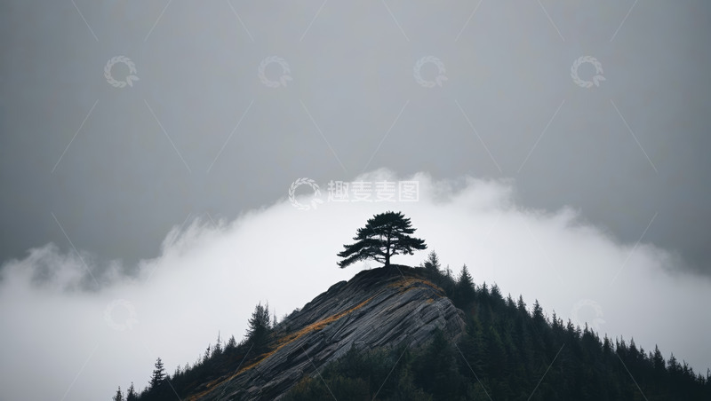 高清大图下载【趣麦麦图】山顶孤树云雾环绕景象