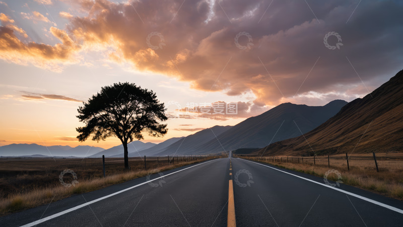 高清大图下载【趣麦麦图】旷野公路旁孤树与壮丽山景