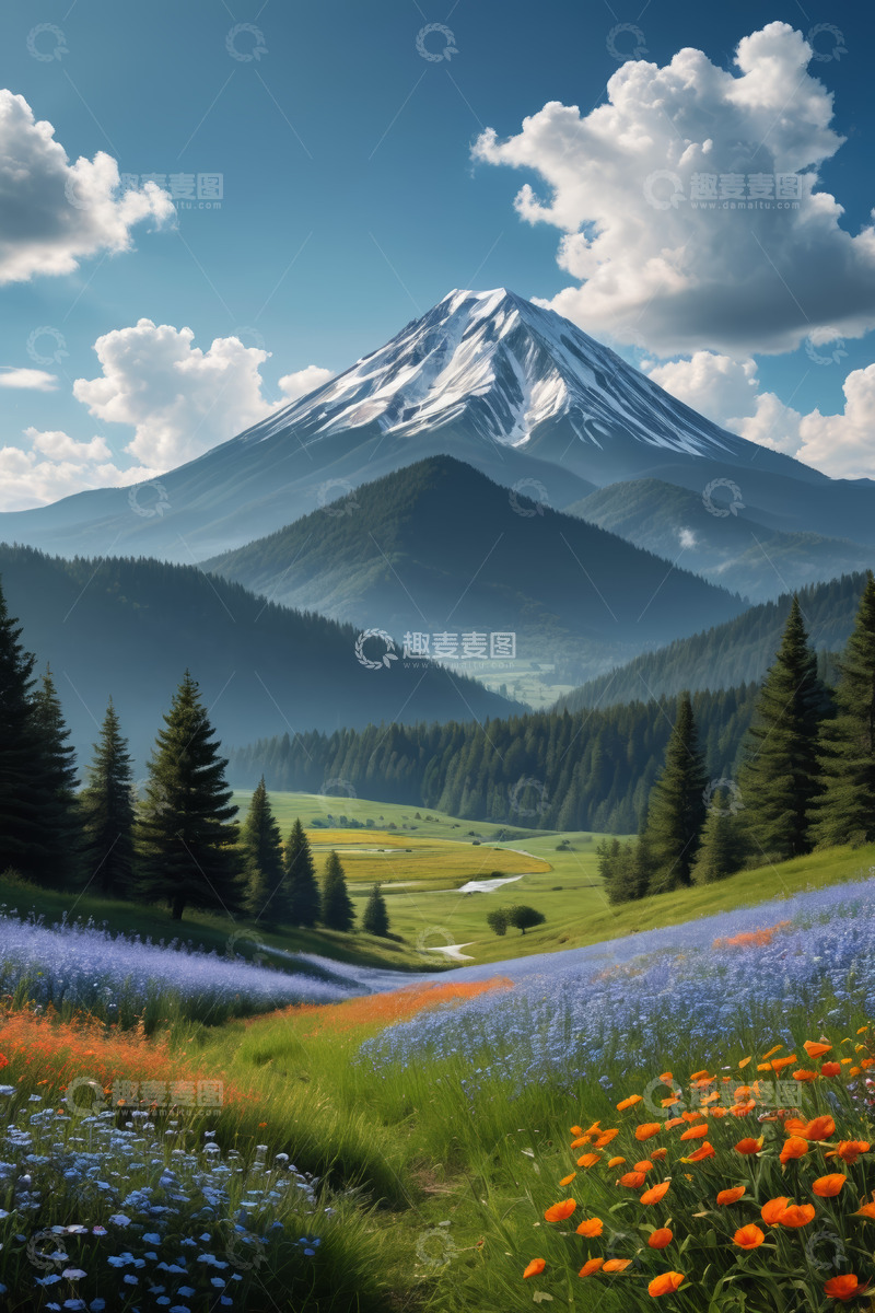 高清大图下载【趣麦麦图】雪山下的花海与山林风景
