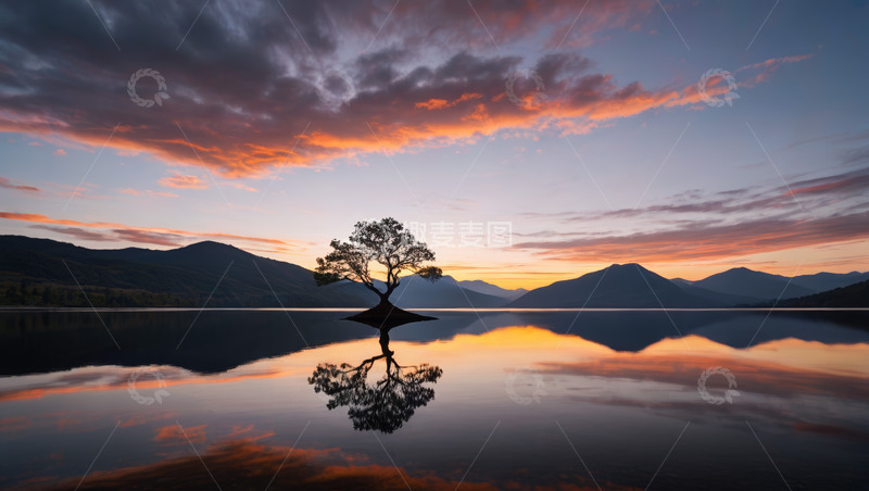 高清大图下载【趣麦麦图】湖畔孤树与壮丽晚霞景观
