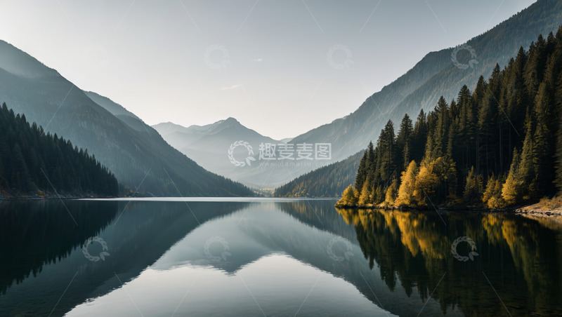 高清大图下载【趣麦麦图】山间宁静湖泊与森林景观