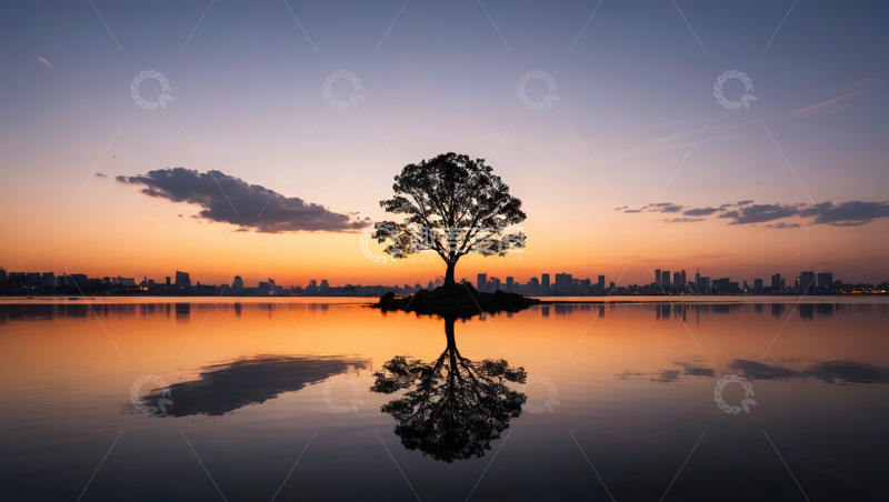 高清大图下载【趣麦麦图】湖畔孤树与城市天际线黄昏景象