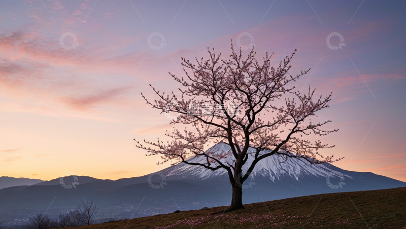 高清大图下载【趣麦麦图】富士山旁樱花树日落景观