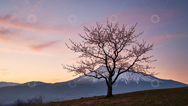富士山旁樱花树日落景观