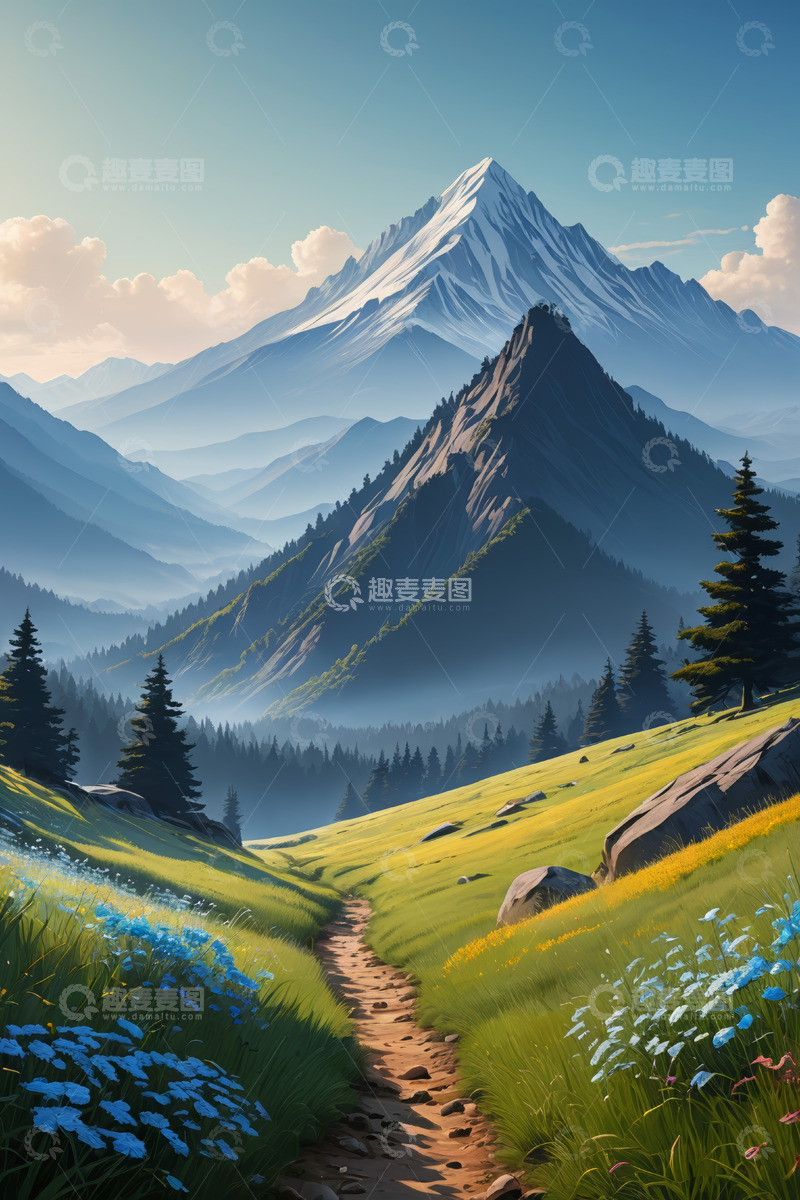 高清大图下载【趣麦麦图】山间小径与远处雪山风景