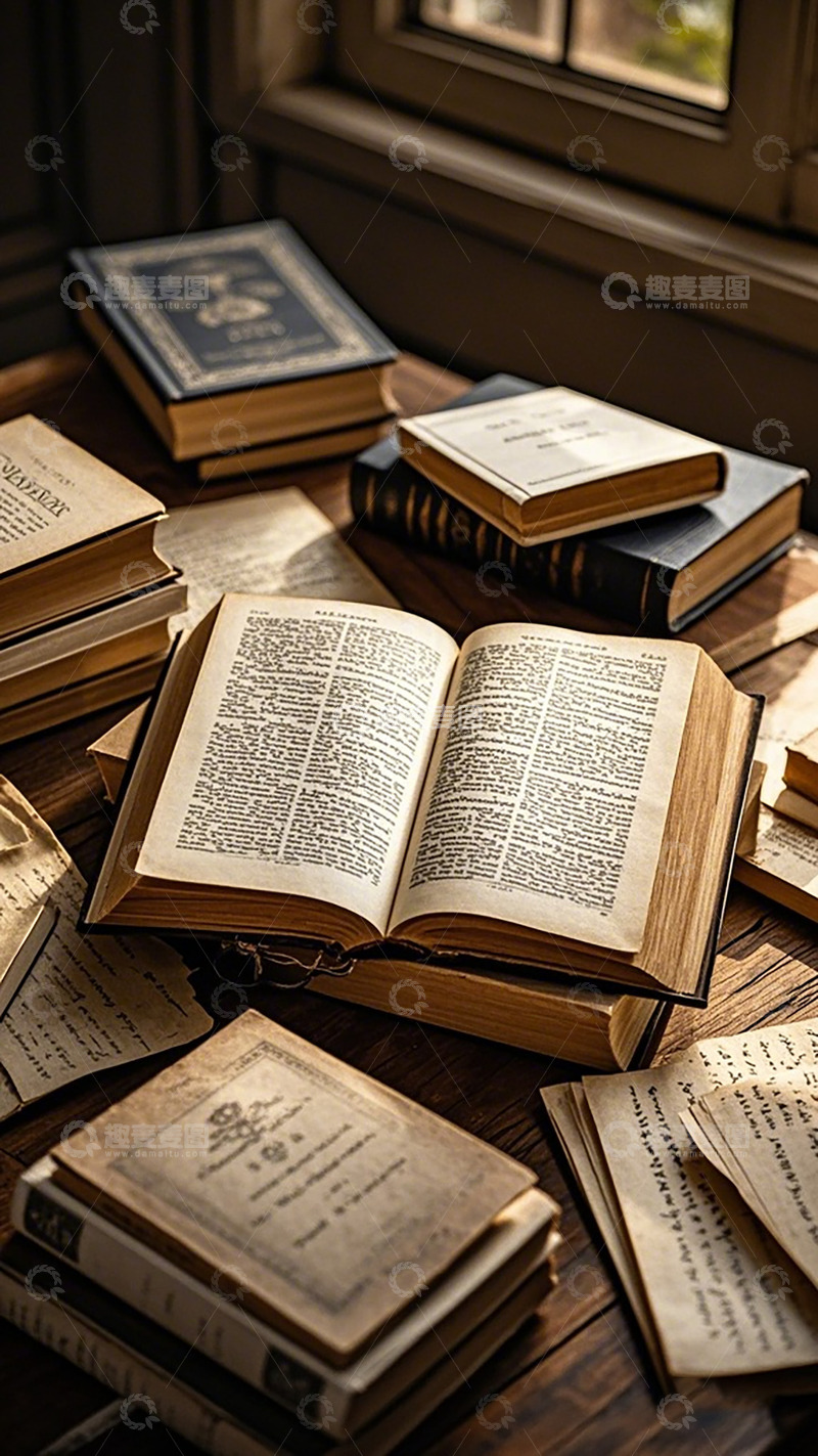 高清大图下载【趣麦麦图】古书堆叠书香氛围