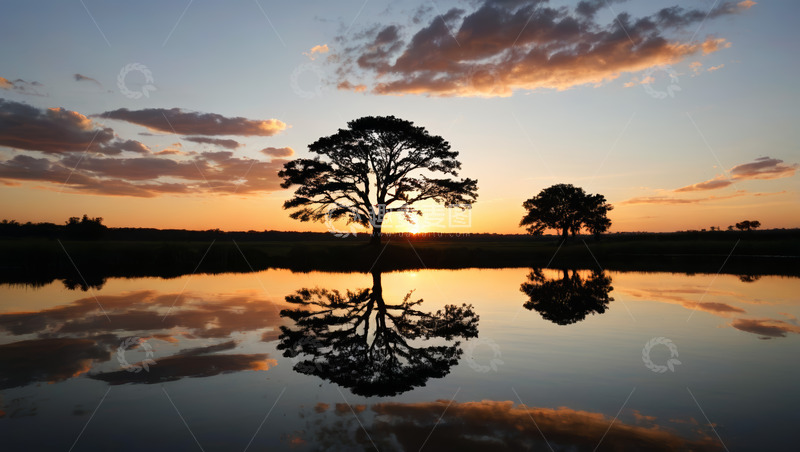 高清大图下载【趣麦麦图】湖畔夕阳下树木与水面倒影景观