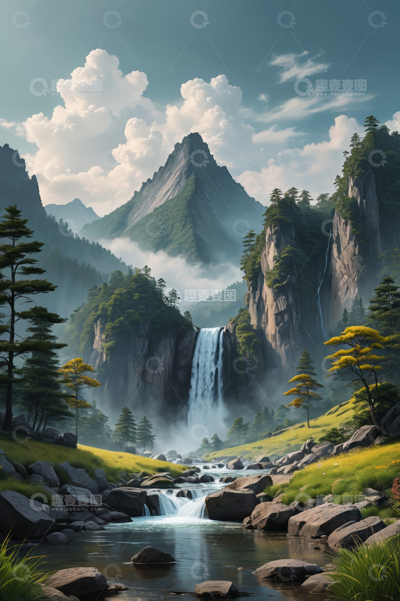 高清大图下载【趣麦麦图】山水间瀑布与山林风景
