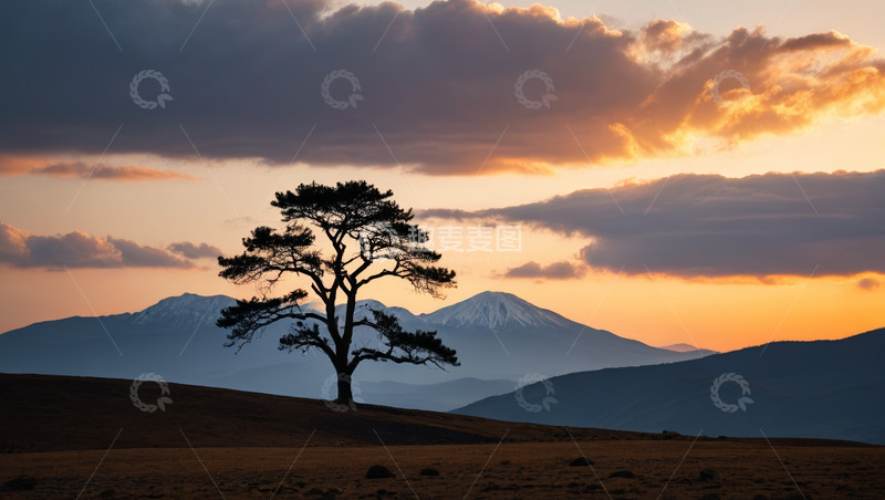 高清大图下载【趣麦麦图】夕阳下孤树与远山景观