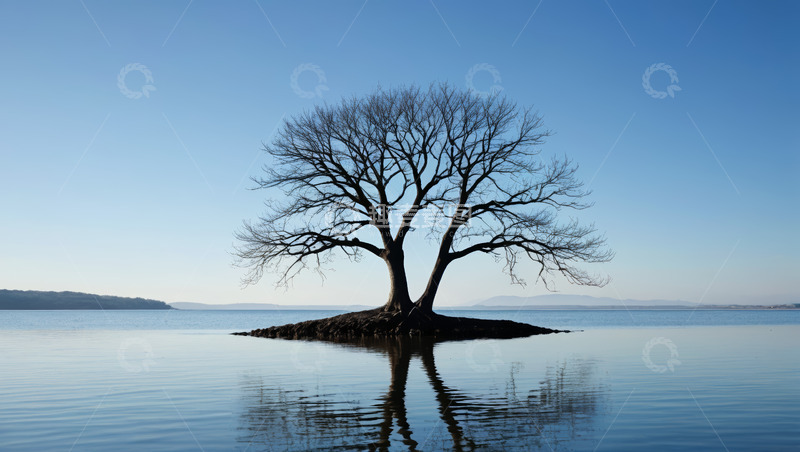 高清大图下载【趣麦麦图】湖心孤树静谧风光
