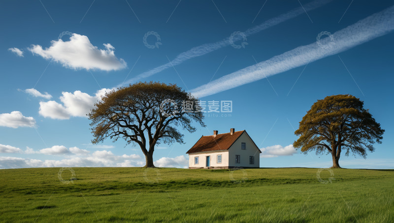 高清大图下载【趣麦麦图】原野上的小屋与树木