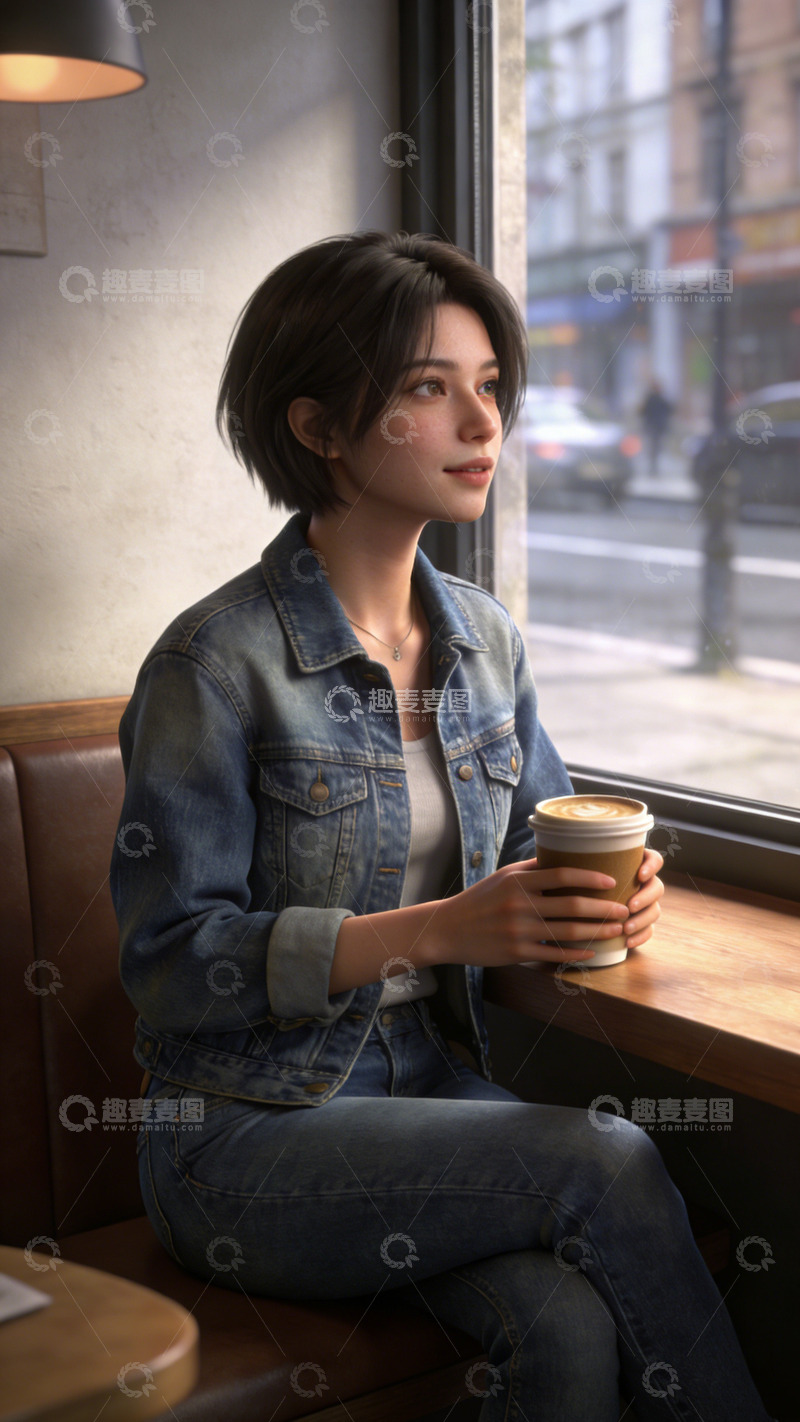 高清大图下载【趣麦麦图】牛仔外套咖啡馆休闲时光