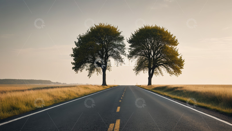 高清大图下载【趣麦麦图】田野间道路与双树风景