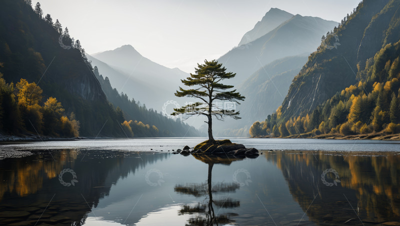 高清大图下载【趣麦麦图】湖心孤树山水自然风光