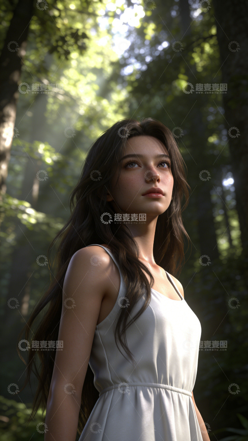 高清大图下载【趣麦麦图】森林中白衣女子写真