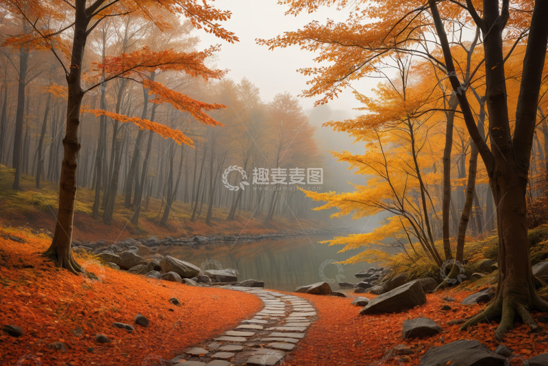 高清大图下载【趣麦麦图】秋日森林湖畔石板小径风光