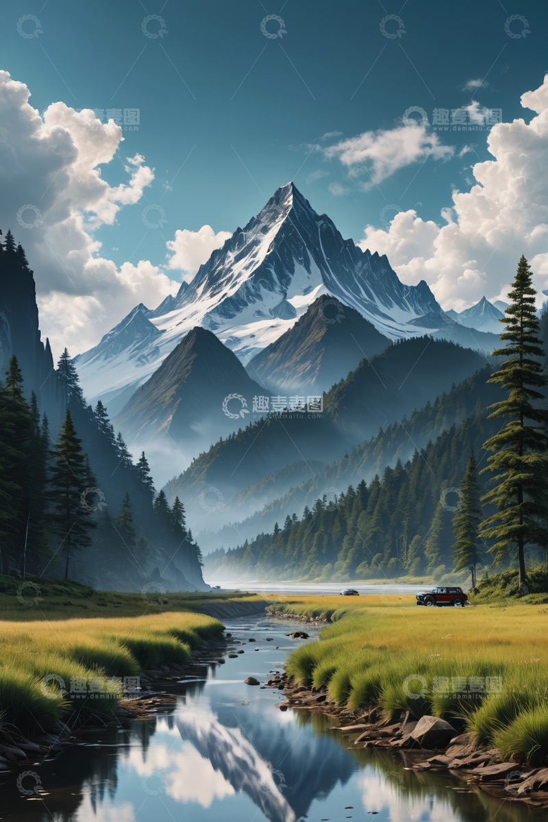 高清大图下载【趣麦麦图】雪山森林间的河流与车辆景观