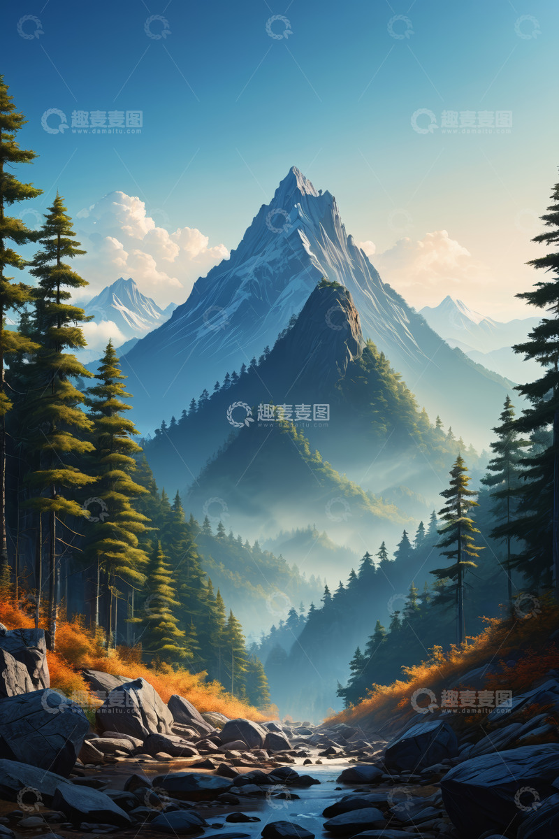 高清大图下载【趣麦麦图】山林间巍峨山峰与溪流景观