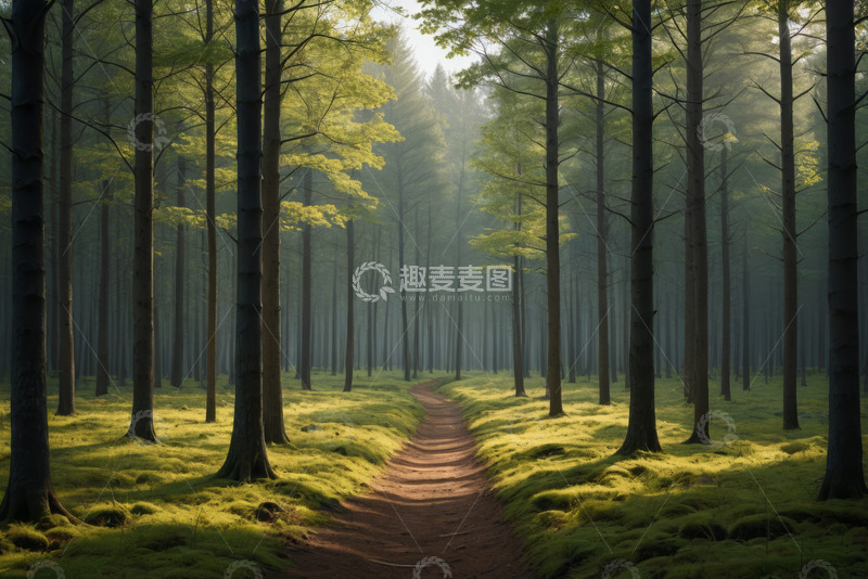 高清大图下载【趣麦麦图】阳光照耀下的森林小径景观