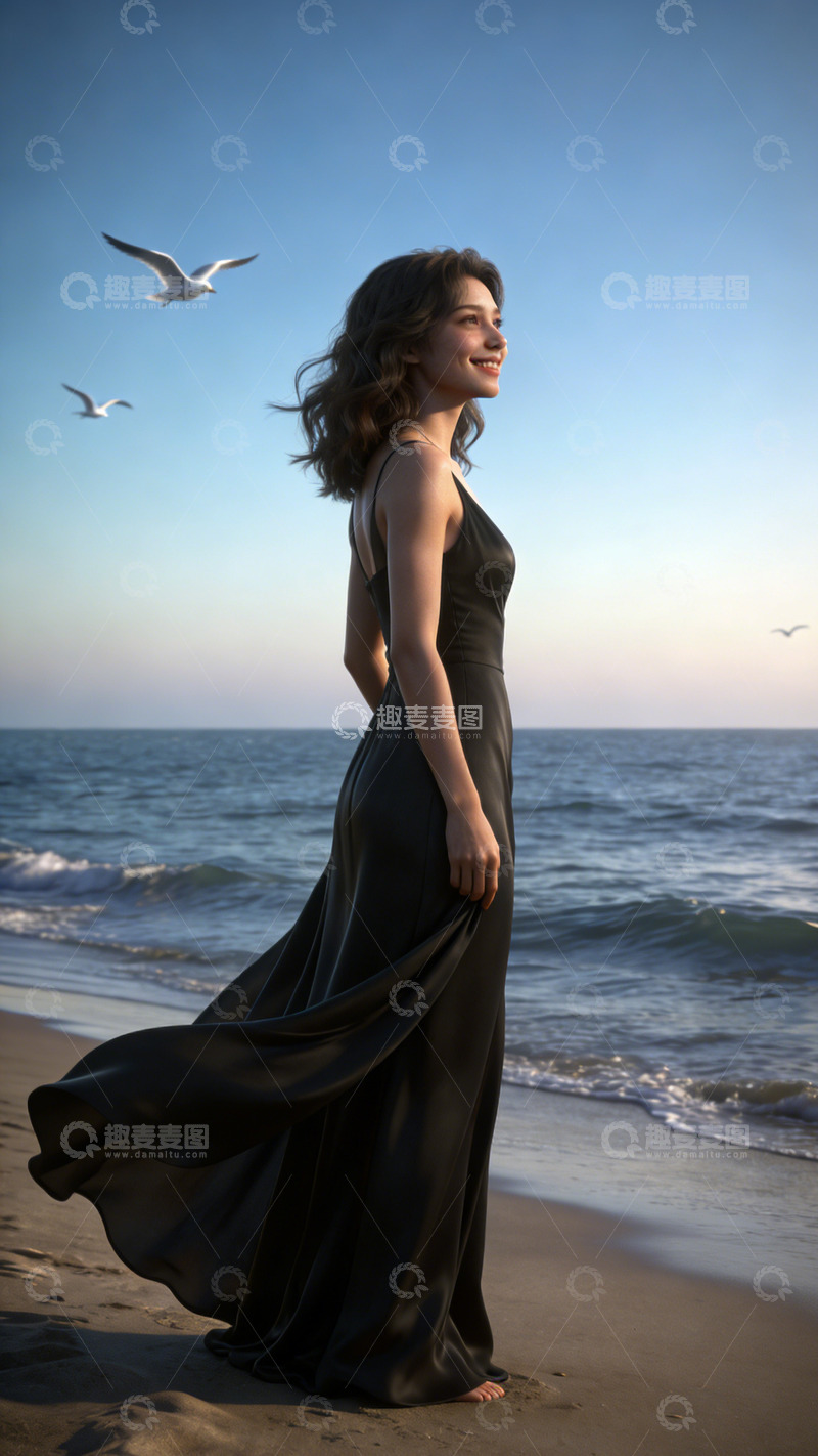 高清大图下载【趣麦麦图】海滩美女长发飘逸黑色长裙写真