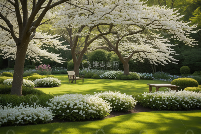 高清大图下载【趣麦麦图】花园中盛开的白花与休憩长椅