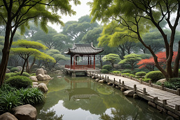 中式园林池塘边的亭子景观
