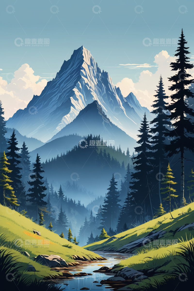 高清大图下载【趣麦麦图】山林间的溪流与巍峨山峰