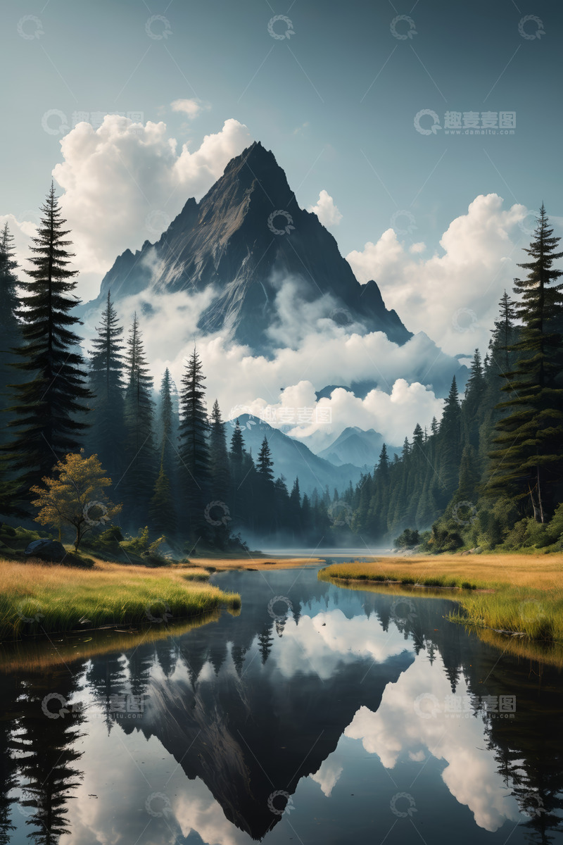 高清大图下载【趣麦麦图】山林间巍峨山峰与湖景