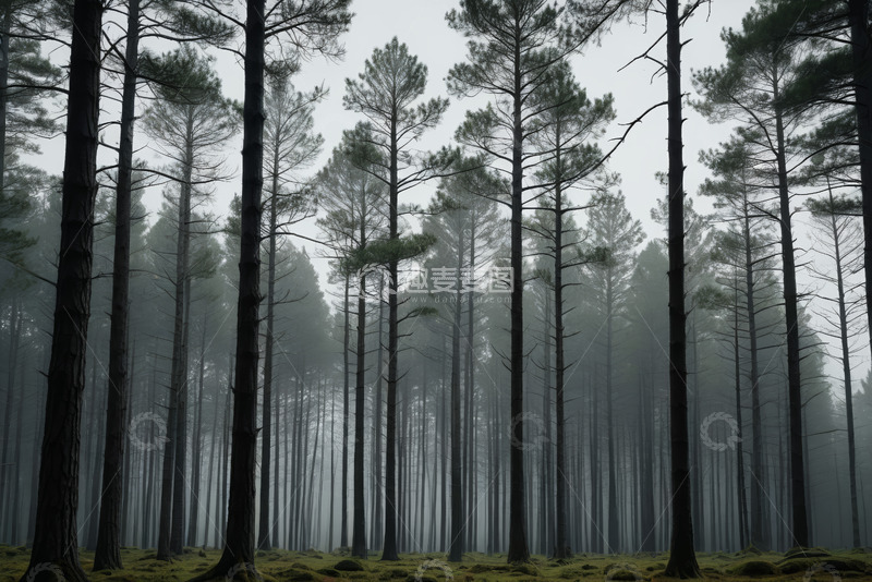 高清大图下载【趣麦麦图】雾气弥漫的松树林自然景观