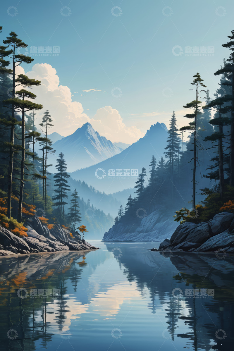 高清大图下载【趣麦麦图】山林间宁静的湖泊景象