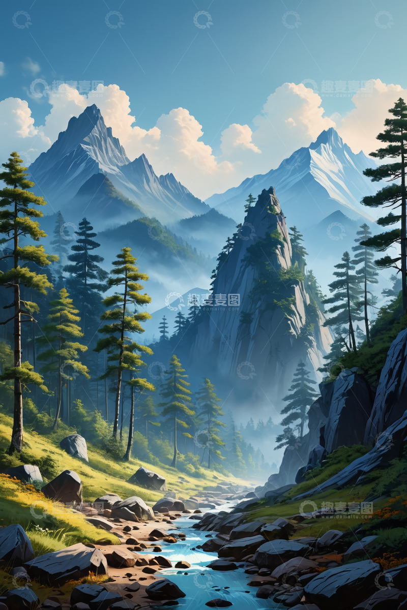 高清大图下载【趣麦麦图】山林间的溪流与远山风景