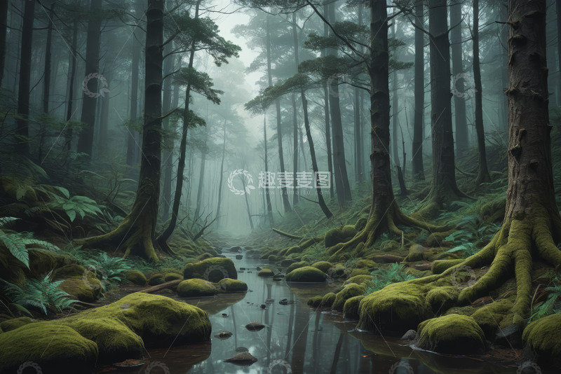 高清大图下载【趣麦麦图】迷雾中的森林溪流景观