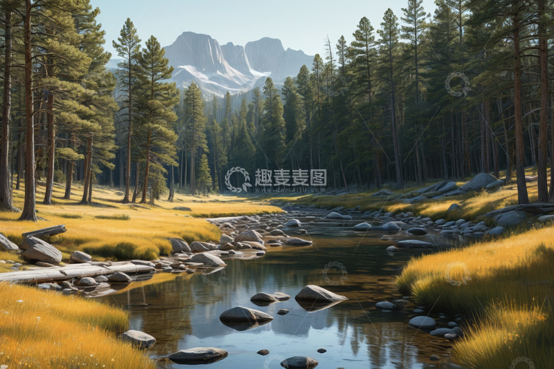 高清大图下载【趣麦麦图】森林河流与远山自然景观