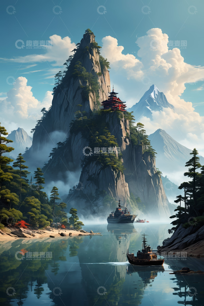 高清大图下载【趣麦麦图】山水间船只与山间楼阁风景