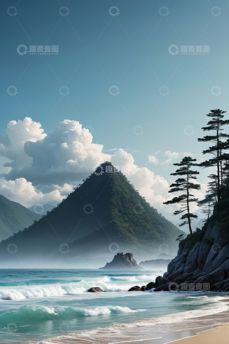 高清大图下载【趣麦麦图】海边青山与海浪自然景观